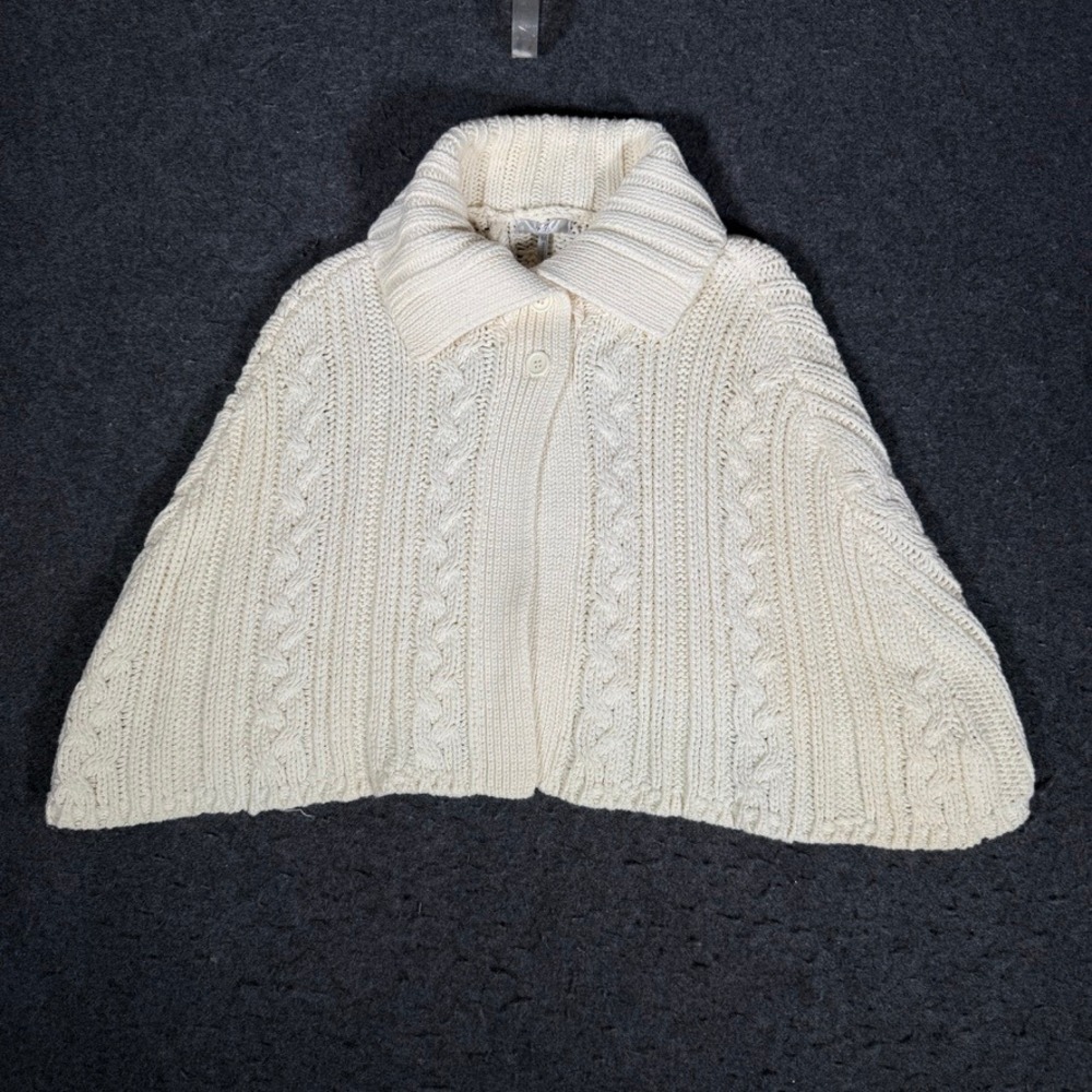 Metro 7‎ Womens Eggshell White Cable Knit Button Collar Poncho Sweater Medium